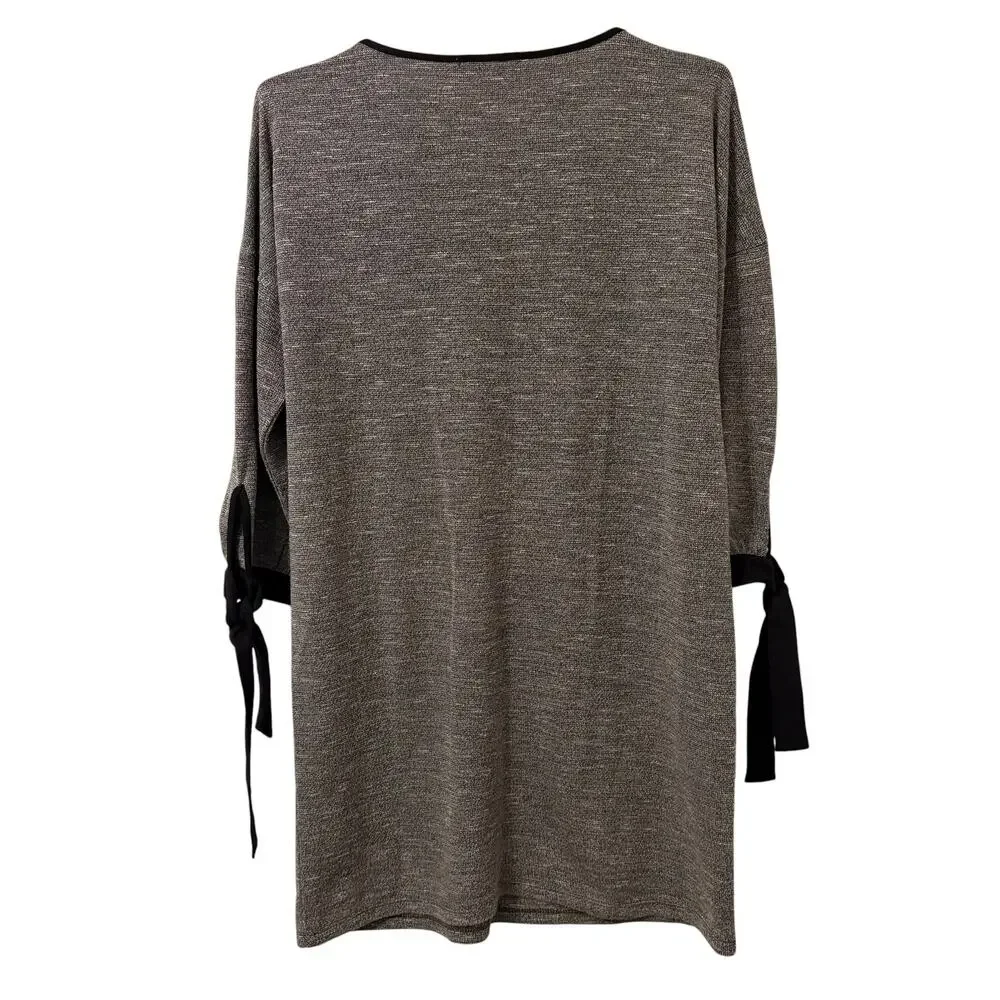 THML Heather Gray Knit Knee Length Dress Black and Gold Trim Neckline M